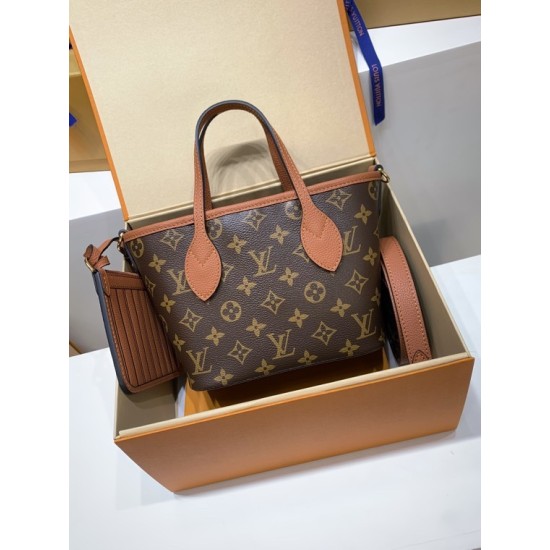 免税特典！M12209 棕 G 全鋼製 Neverfull Bandoulière Inside Out BB ハンドバッグ｜ダブルフェイス × 着脱ポーチ × 斜め背負い、洗練された細部で魅力満点 14×9×24cm