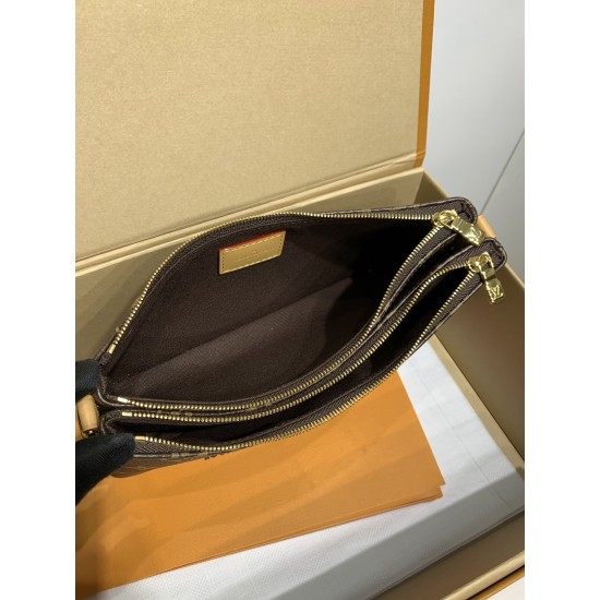 全鋼 M83008 Liv Poch ette｜Monogram キャンバス × 金色チェーン × 天然牛革、ダブルファスナーでセキュアなスタイリッシュバッグ​ 24.4×13.5×6.6cm