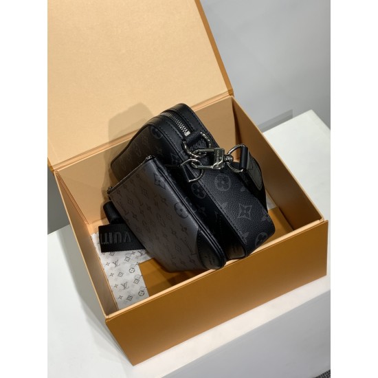全鋼 M69443G Trio ポストマンバッグ｜Monogram Eclipse キャンバス × モノトーングレー柄、着脱ポーチとコインケースで実用性抜群​ 25×18.5×7cm