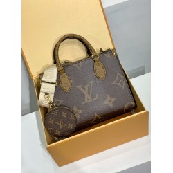 M46373 免税版 OnTheGo スモールハンドバッグ｜Monogram×Monogram Reverse×Giant 柄、着脱式小銭入れと多収納でファッションと実用両立​ 25×19×11.5cm