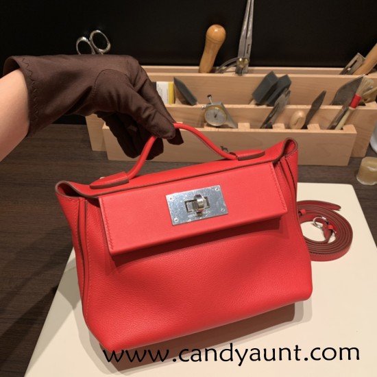 Hermes Mini 21cm kelly 2424 evercolor S3/Rouge Cœur Silver Hardware Full Handmade Hermes Mini 21cm kelly 2424 evercolor S3/Rouge Cœur Silver Hardware Full Handmade