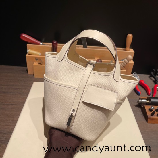Hermes Picotin Swift & canvas cargo 18cm I2 /Nata Silver Hardware Hermes Picotin Swift & canvas cargo 18cm I2 /Nata Silver Hardware