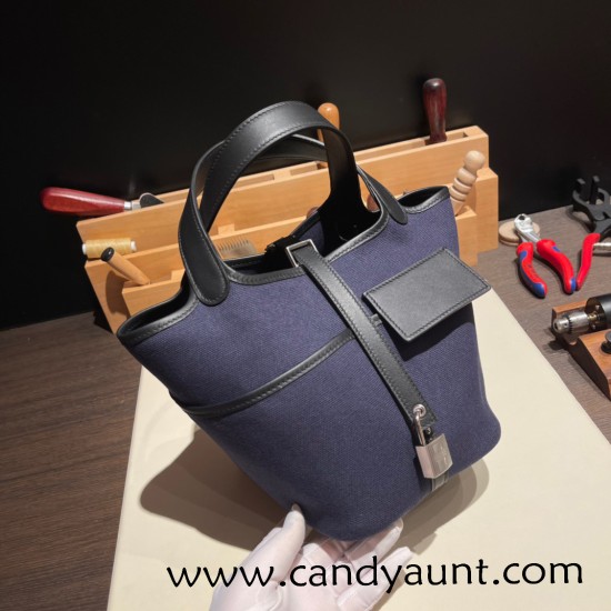 Hermes Picotin Swift & canvas cargo 18cm 73 /Blue Saphir & 89/Black Silver Hardware Hermes Picotin Swift & canvas cargo 18cm 73 /Blue Saphir & 89/Black Silver Hardware