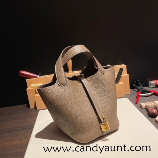 Hermes Picotin cargo Clemence 18cm 18 /Étoupe Grey Gold Hardware Hermes Picotin cargo Clemence 18cm 18 /Étoupe Grey Gold Hardware