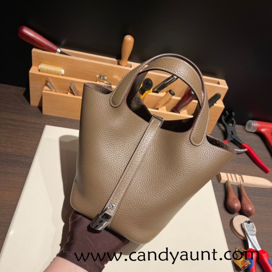 Hermes Picotin Clemence 18cm 8C/ Elephant Grey Silver Hardware Hermes Picotin Clemence 18cm 8C/ Elephant Grey Silver Hardware