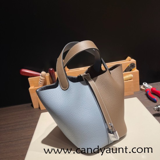 Hermes Picotin Clemence 18cm J7 /Blue Lin& 18/Étoupe Grey Silver Hardware Hermes Picotin Clemence 18cm J7 /Blue Lin& 18/Étoupe Grey Silver Hardware