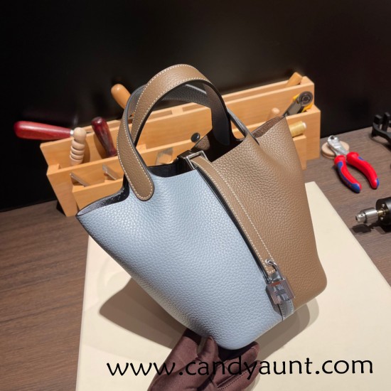 Hermes Picotin Clemence 18cm J7 /Blue Lin& 18/Étoupe Grey Silver Hardware Hermes Picotin Clemence 18cm J7 /Blue Lin& 18/Étoupe Grey Silver Hardware
