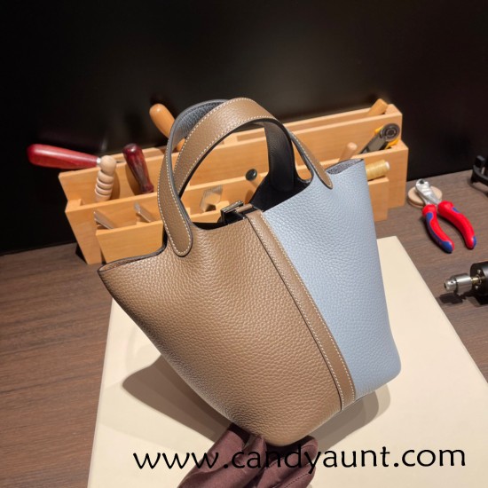 Hermes Picotin Clemence 18cm J7 /Blue Lin& 18/Étoupe Grey Silver Hardware Hermes Picotin Clemence 18cm J7 /Blue Lin& 18/Étoupe Grey Silver Hardware