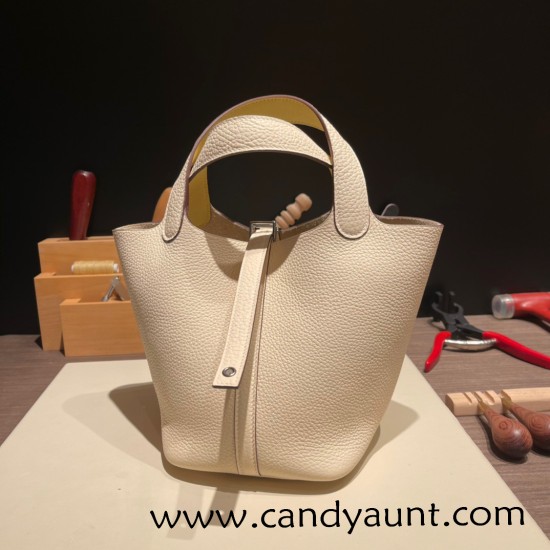Hermes Picotin Clemence 18cm I2/ Nata & 1Z /Jaune Poussin Silver Hardware Hermes Picotin Clemence 18cm I2/ Nata & 1Z /Jaune Poussin Silver Hardware