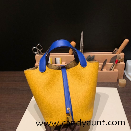 Hermes Picotin Clemence 18cm 9D Jaune Ambre & 7T /Blue Electric Silver Hardware Hermes Picotin Clemence 18cm 9D Jaune Ambre & 7T /Blue Electric Silver Hardware