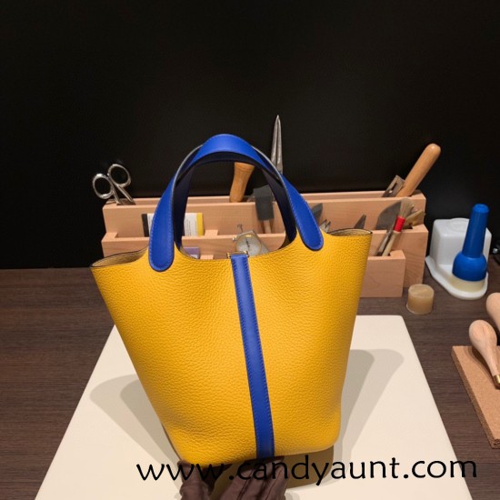 Hermes Picotin Clemence 18cm 9D Jaune Ambre & 7T /Blue Electric Silver Hardware Hermes Picotin Clemence 18cm 9D Jaune Ambre & 7T /Blue Electric Silver Hardware