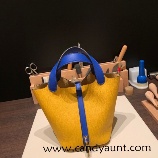 Hermes Picotin Clemence 18cm 9D Jaune Ambre & 7T /Blue Electric Silver Hardware Hermes Picotin Clemence 18cm 9D Jaune Ambre & 7T /Blue Electric Silver Hardware