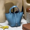 Picotin Lock 18/PM Taurillon Clemence (TC) 75/Blue Jean & 09 Mauve Pale (New Color Launched in Hermes 2022 AW) Silver Hardware Fully Hand-Stitched