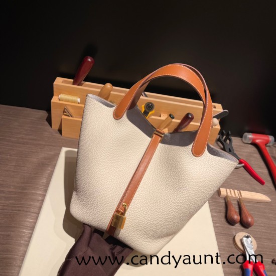 HERMES Picotin Lock 22/MM CLEMENCE 10 /Craie & 37/Gold Gold Hardware HERMES Picotin Lock 22/MM CLEMENCE 10 /Craie & 37/Gold Gold Hardware