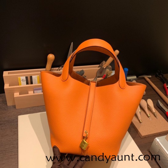 HERMES Picotin Lock 22/MM CLEMENCE Orange Gold Hardware HERMES Picotin Lock 22/MM CLEMENCE Orange Gold Hardware