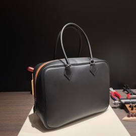 Hermès Plume 32 Swift 89/Black (Noir) X 93/Orange Silver Hardware Plume-001 Fully Hand-Stitched