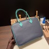 Hermès Plume 32 Evercolor 73/Blue Saphir X Vert Verone Silver Hardware Plume-002 Fully Hand-Stitched