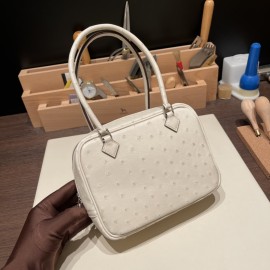 Hermès Plume 21 Ostrich 3C/Parchemin Silver Hardware Plume-004 Fully Hand-Stitched