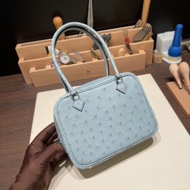 Hermès Plume 21 Ostrich 8U/Blue Glacier Silver Hardware Plume-005 Fully Hand-Stitched