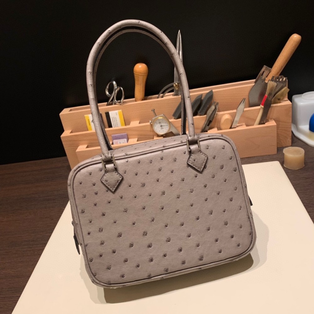 Hermès Plume 21 Ostrich M8/Gris Asphalt Silver Hardware Plume-007 Fully Hand-Stitched
