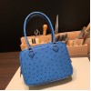 Hermès Plume 21 Ostrich T7/Blue Hydra Silver Hardware Plume-010 Fully Hand-Stitched