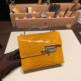 Hermès Plume 21 Crocodile 9D/Jaune Ambre Silver Hardware Verrou-015 Fully Hand-Stitched