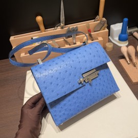 Hermès Verrou Mini 17cm Ostrich T7/Blue Hydra Silver Hardware Verrou-017 Fully Hand-Stitched