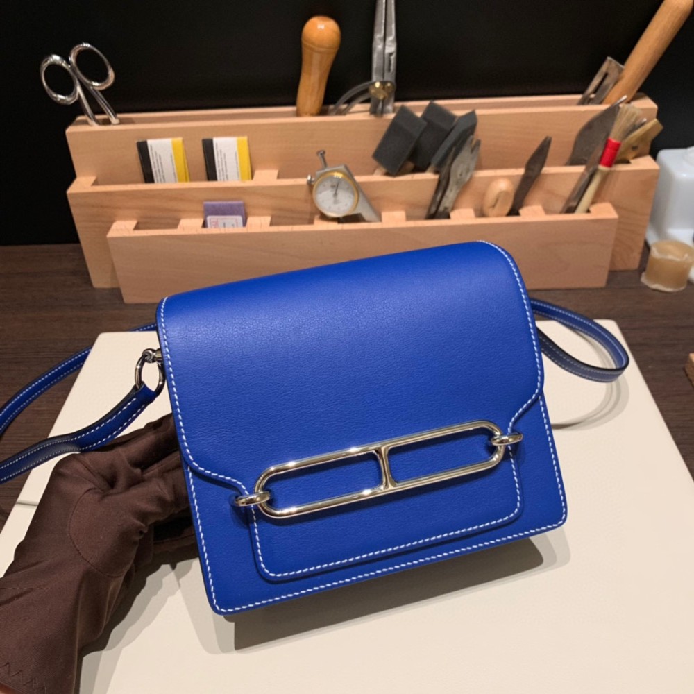 Hermès Roulis 19cm Swift 7T/Blue Electric Silver Hardware Roulis-023 Fully Hand-Stitched