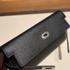 Hermès Kelly Wallet Long Veau Epson 89/Black (Noir) Black Silver Hardware wallet-001 Fully Hand-Stitched