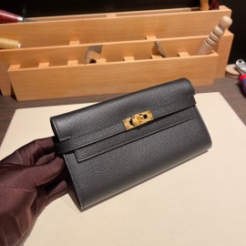 Hermès Kelly Wallet Long Veau Epson 89/Black (Noir) Black Gold Hardware wallet-002 Fully Hand-Stitched
