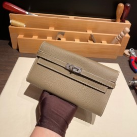 Hermès Kelly Wallet Long Veau Epson 18/Étoupe Grey (Étoupe) Etoupe Silver Hardware wallet-003 Fully Hand-Stitched