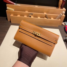 Hermès Kelly Wallet Long Veau Epson 37/Gold Gold Gold Hardware wallet-006 Fully Hand-Stitched
