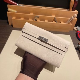 Hermès Kelly Wallet Long Veau Epson 10/Craie Craie Silver Hardware wallet-007 Fully Hand-Stitched