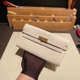 Hermès Kelly Wallet Long Veau Epson 10/Craie Craie Gold Hardware wallet-008 Fully Hand-Stitched