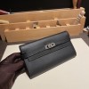 Hermès Kelly Wallet Long Veau Epson 89/Black (Noir) Black Silver Hardware wallet-009 Fully Hand-Stitched