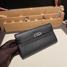 Hermès Kelly Wallet Long Veau Epson 89/Black (Noir) Black Silver Hardware wallet-009 Fully Hand-Stitched