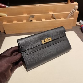 Hermès Kelly Wallet Long Veau Epson 89/Black (Noir) Black Gold Hardware wallet-010 Fully Hand-Stitched