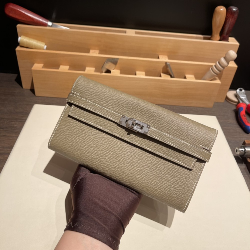 Hermès Kelly Wallet Long Veau Epson 18/Étoupe Grey (Étoupe) Etoupe Silver Hardware wallet-011 Fully Hand-Stitched