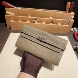 Hermès Kelly Wallet Long Veau Epson 18/Étoupe Grey (Étoupe) Etoupe Silver Hardware wallet-011 Fully Hand-Stitched