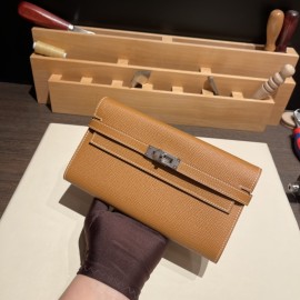 Hermès Kelly Wallet Long Veau Epson 37/Gold Gold Silver Hardware wallet-012 Fully Hand-Stitched