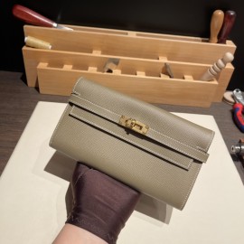 Hermès Kelly Wallet Long Veau Epson 18/Étoupe Grey Etoupe Gold Hardware wallet-013 Fully Hand-Stitched
