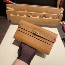 Hermès Kelly Wallet Long Veau Epson 37/Gold Gold Gold Hardware wallet-014 Fully Hand-Stitched