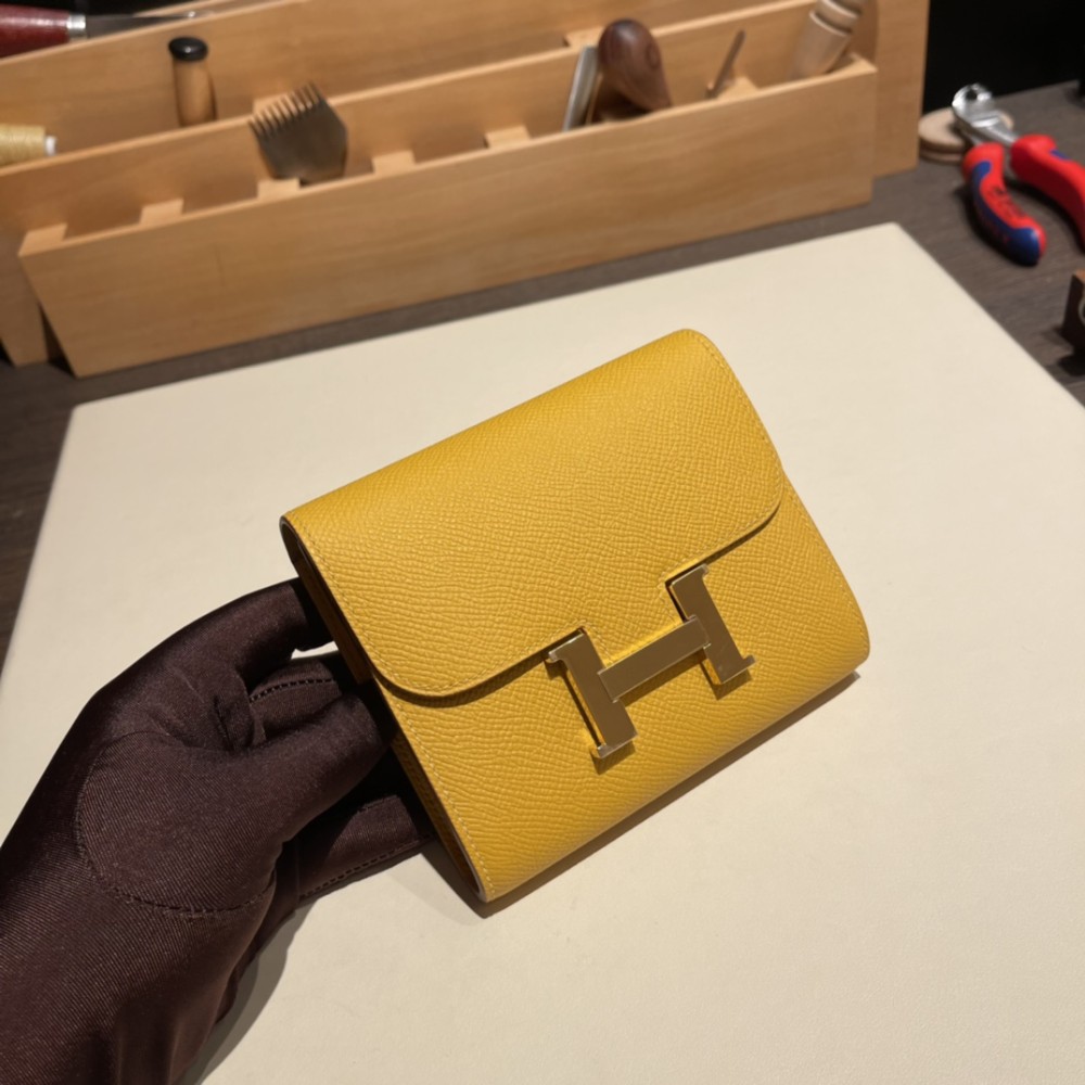 Hermès Constance Long Veau Epson 9D/Jaune Ambre Jaune Ambre Gold Hardware wallet-018 Fully Hand-Stitched