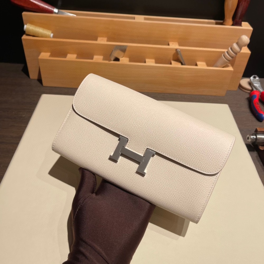 Hermès Constance Long Veau Epson 10/Craie Craie Silver Hardware wallet-019 Fully Hand-Stitched