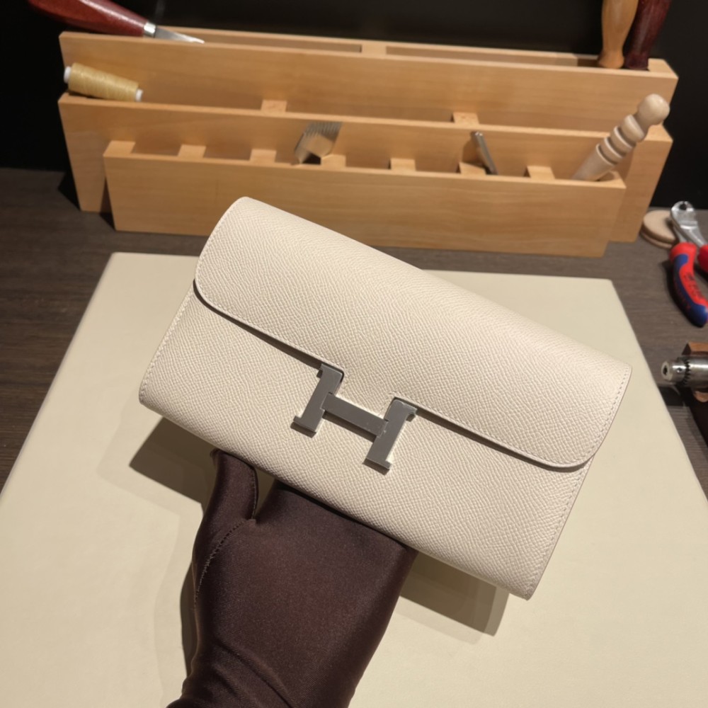 Hermès Constance Long Veau Epson 10/Craie Craie Silver Hardware wallet-026 Fully Hand-Stitched