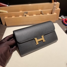 Hermès Constance Long Veau Epson 89/Black Black Gold Hardware wallet-028 Fully Hand-Stitched