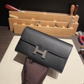 Hermès Constance Long Veau Epson 89/Black Black Silver Hardware wallet-029 Fully Hand-Stitched
