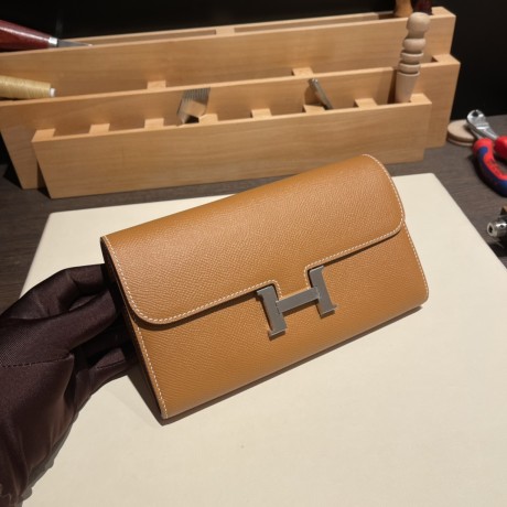 Hermès Constance Long Veau Epson 37/Gold Gold Silver Hardware wallet-033 Fully Hand-Stitched